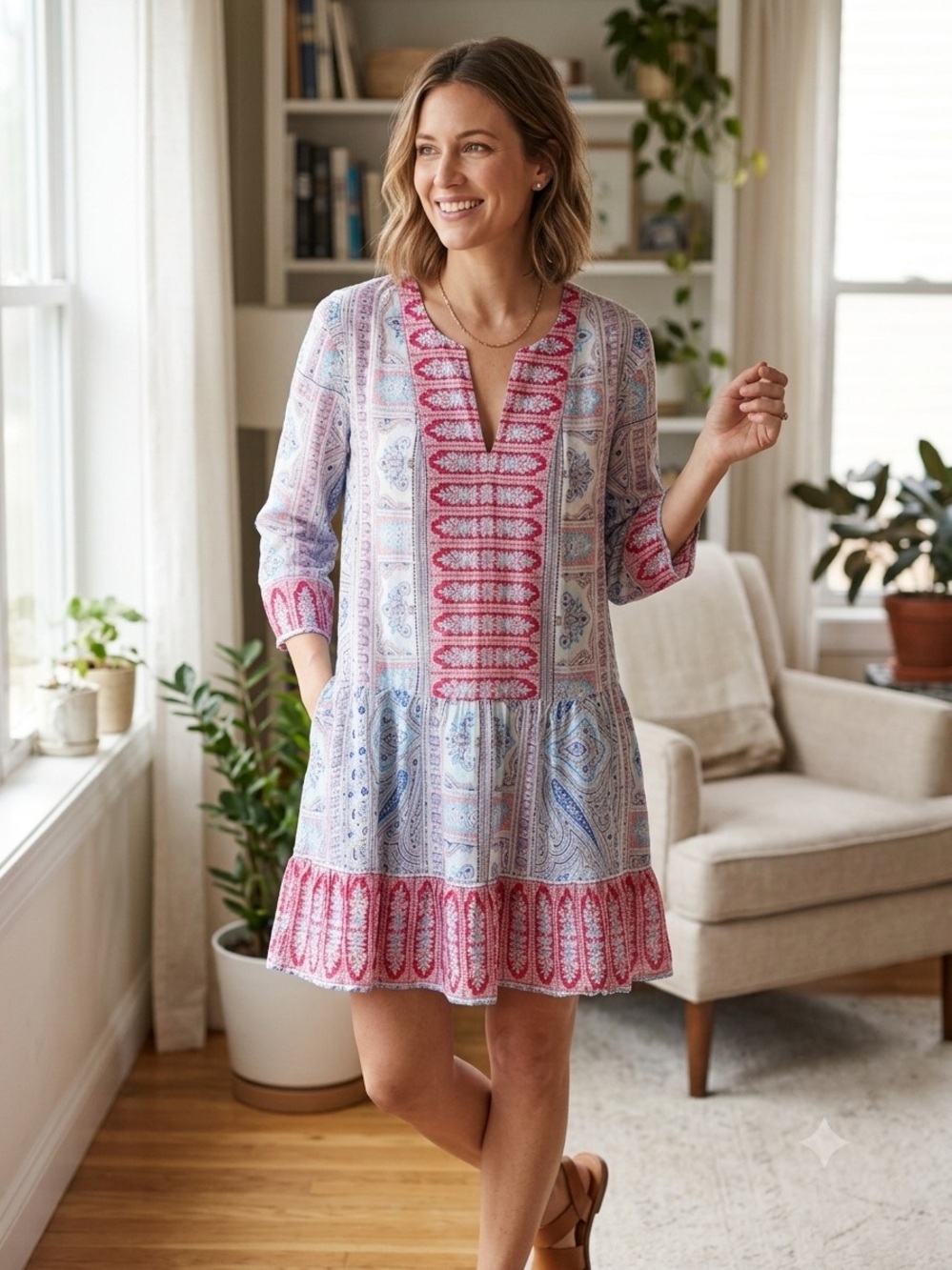 BCBGMaxAzria Paisley Print V-Neck Tiered Mini Dress - #277